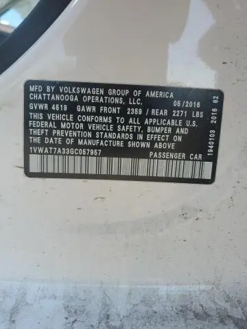 2016 VOLKSWAGEN PASSAT S