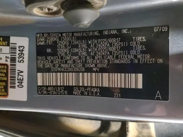 2010 TOYOTA SIENNA XLE  