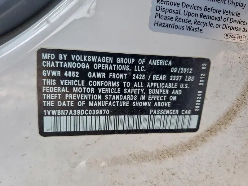 2013 VOLKSWAGEN PASSAT SE  