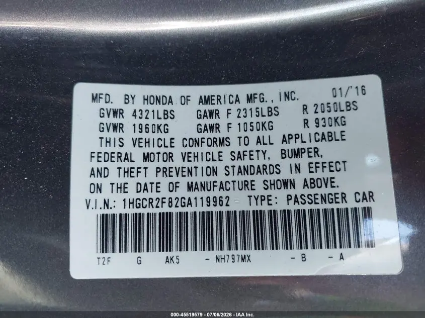 2016 HONDA ACCORD EX-L