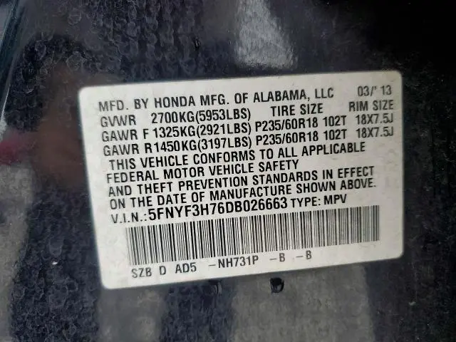 2013 HONDA PILOT EXLN  