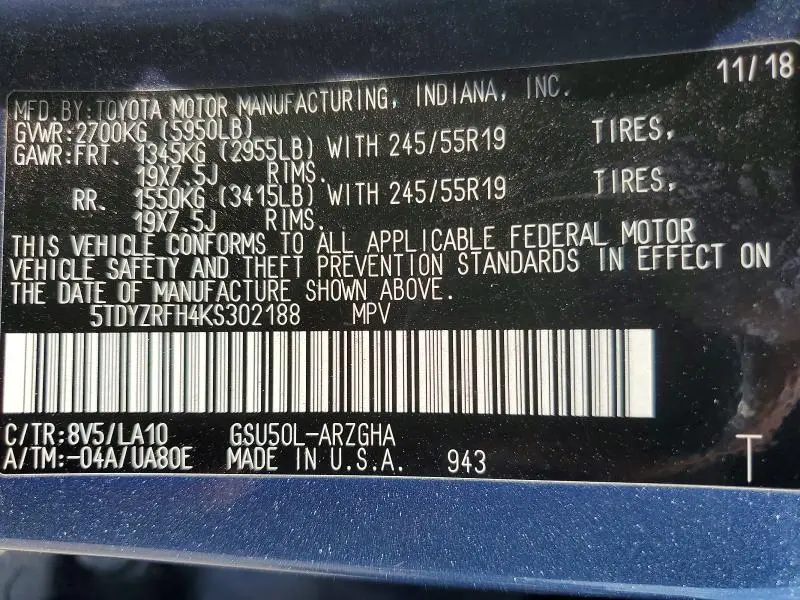 2019 TOYOTA HIGHLANDER LIMITED PLATINUM  