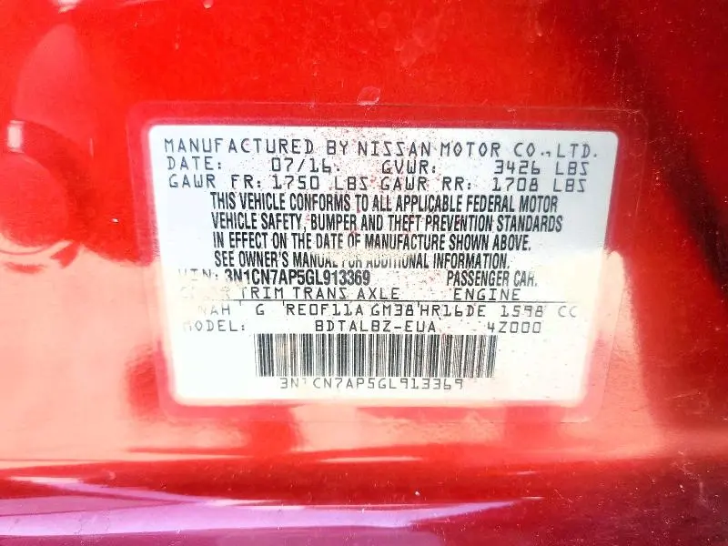 2016 NISSAN VERSA 1.6 SV  