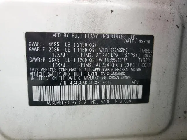 2016 SUBARU OUTBACK 2.5I PREMIUM  