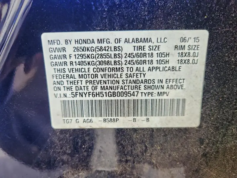 2016 HONDA PILOT EXL  