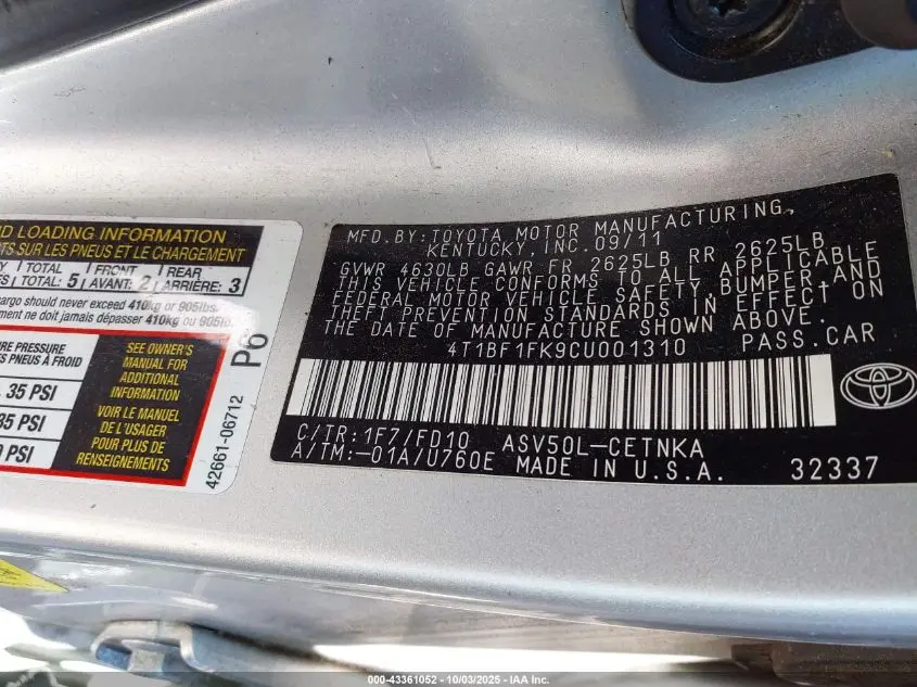 2012 TOYOTA CAMRY LE