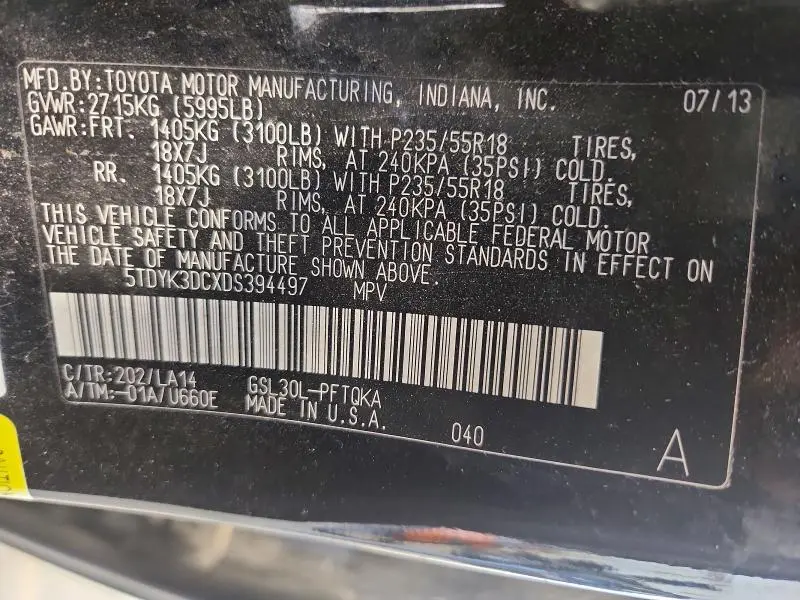 2013 TOYOTA SIENNA LIMITED 7-PASSENGER  