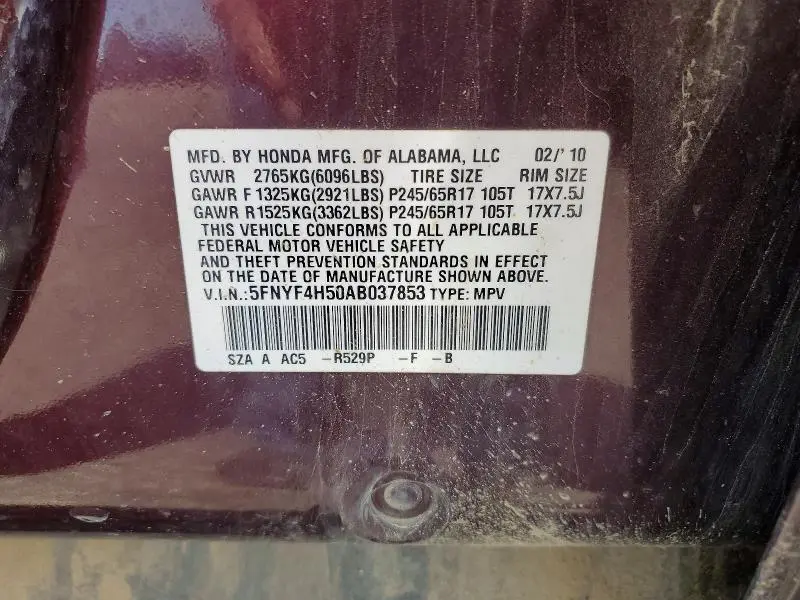 2010 HONDA PILOT EXL  