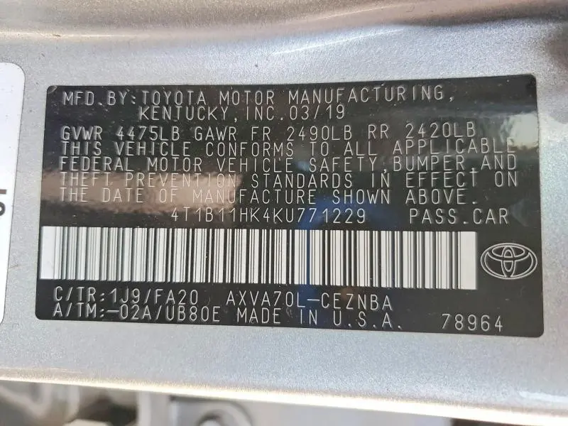 2019 TOYOTA CAMRY LE  