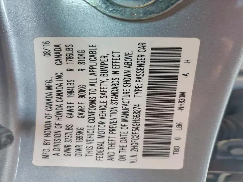 2016 HONDA CIVIC LX  