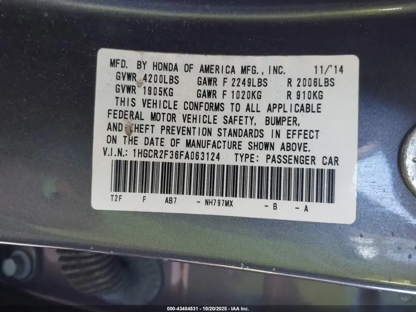 2015 HONDA ACCORD LX