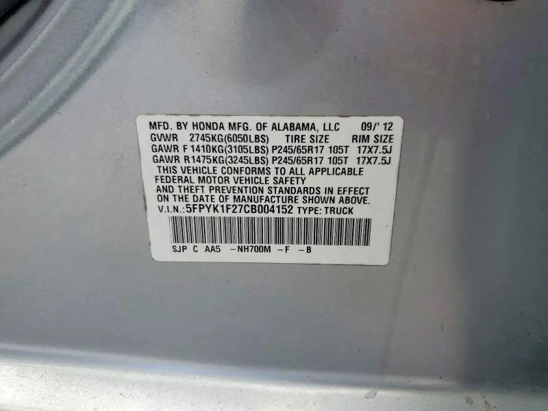 2012 HONDA RIDGELINE RT  