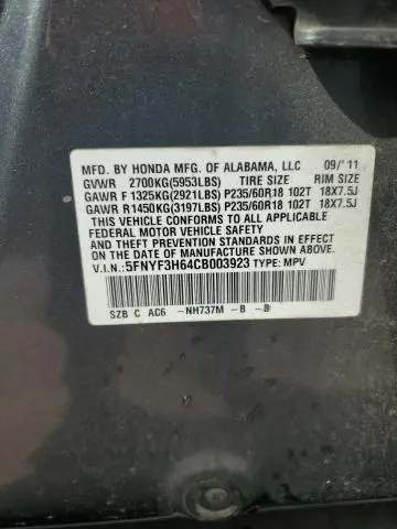 2012 HONDA PILOT EXL  