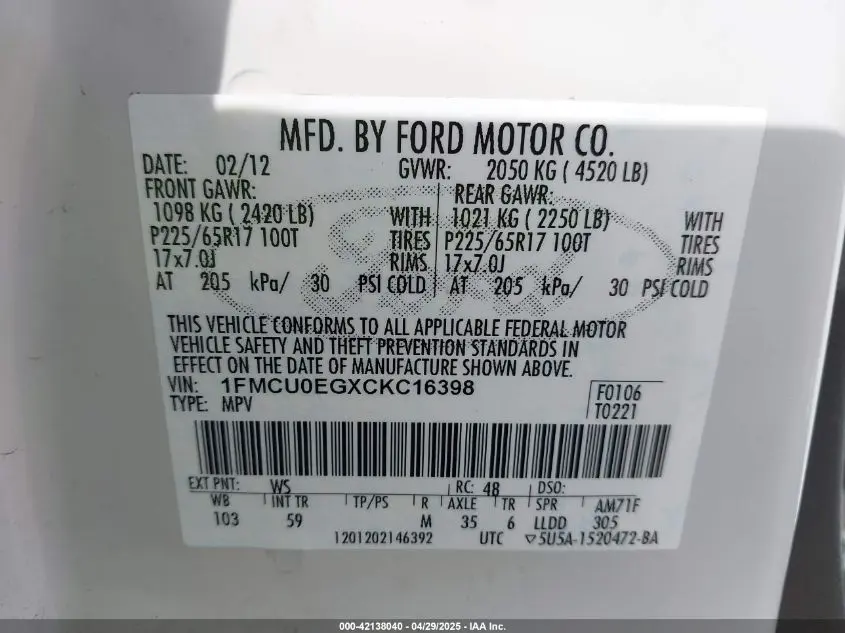 2012 FORD ESCAPE LIMITED