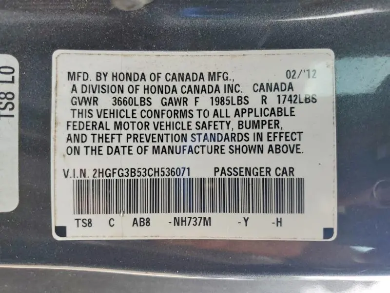 2012 HONDA CIVIC LX  