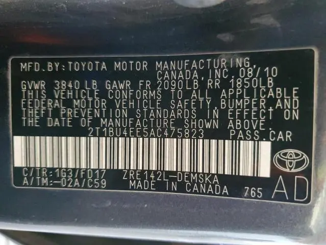 2010 TOYOTA COROLLA BASE  