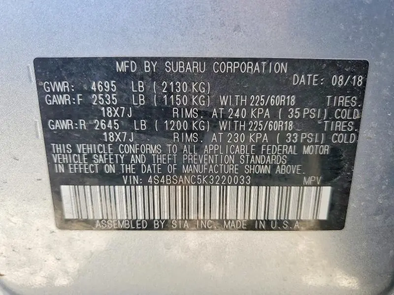 2019 SUBARU OUTBACK 2.5I LIMITED  