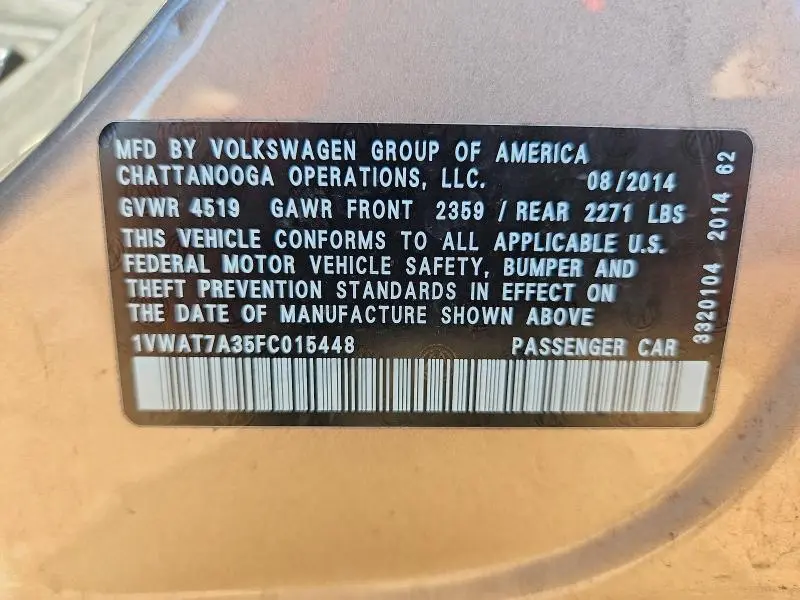 2015 VOLKSWAGEN PASSAT S  