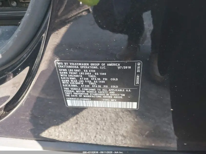 2018 VOLKSWAGEN ATLAS 3.6L V6 SE