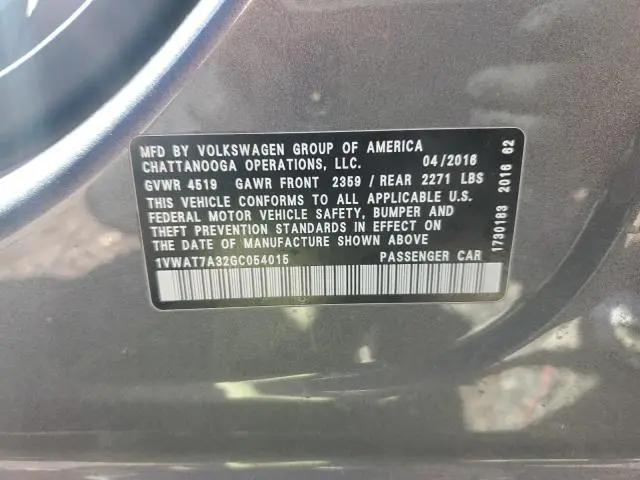 2016 VOLKSWAGEN PASSAT S