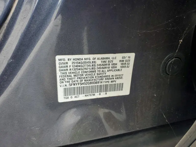 2016 HONDA PILOT EXL  