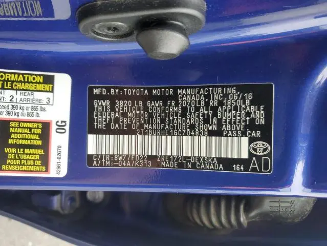 2016 TOYOTA COROLLA L  