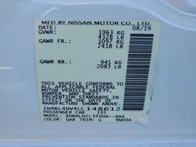 2020 NISSAN ALTIMA SV  