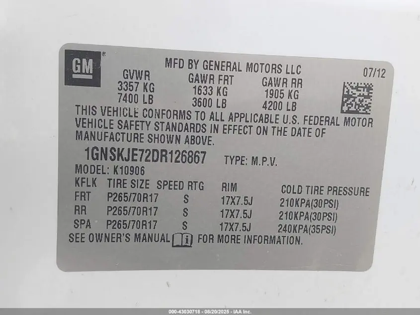 2013 CHEVROLET SUBURBAN 1500 LT