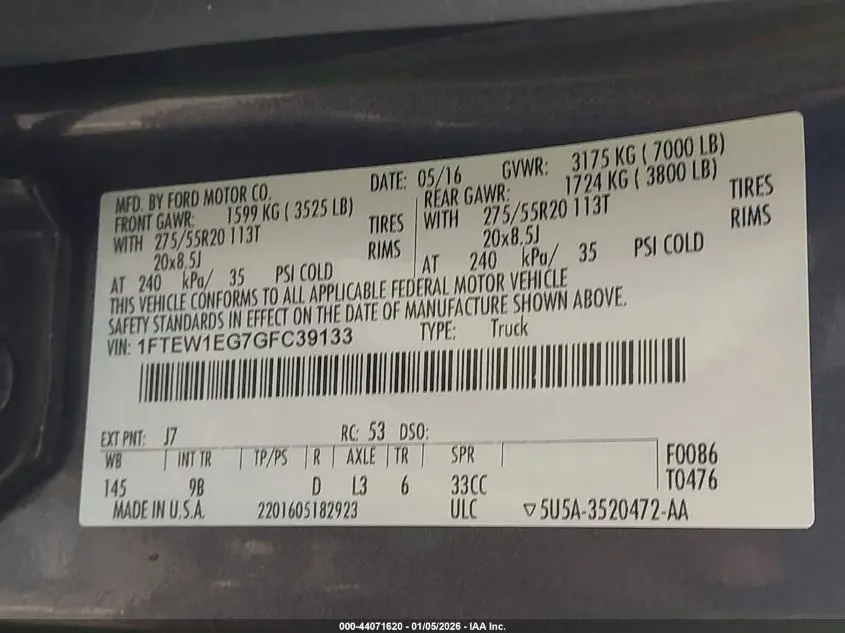 2016 FORD F-150 PLATINUM