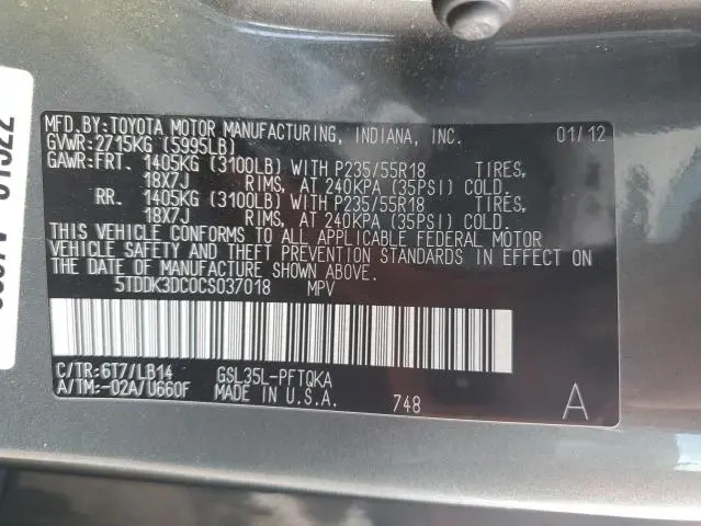 2012 TOYOTA SIENNA XLE  