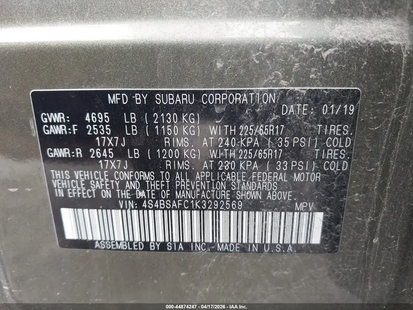 2019 SUBARU OUTBACK 2.5I PREMIUM