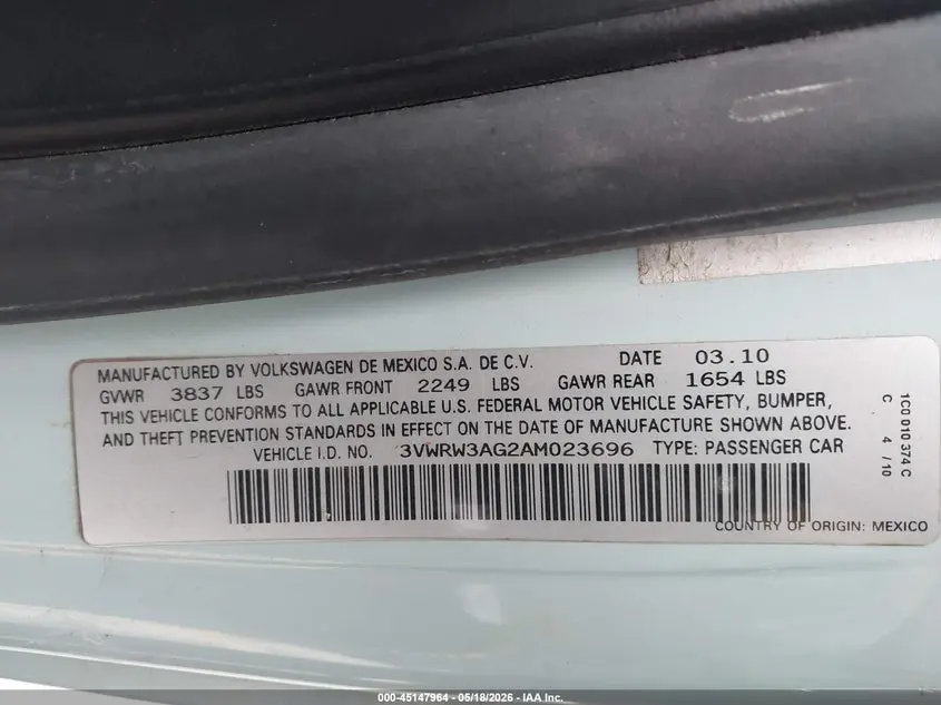 2010 VOLKSWAGEN NEW BEETLE 2.5L FINAL EDITION