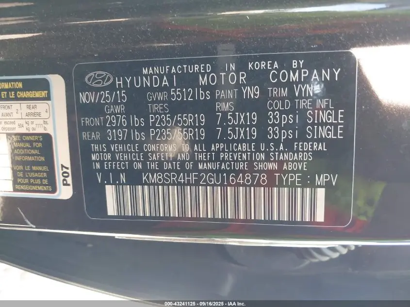 2016 HYUNDAI SANTA FE LIMITED