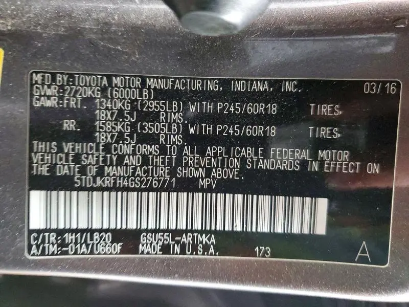2016 TOYOTA HIGHLANDER XLE  