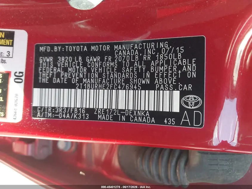 2015 TOYOTA COROLLA LE