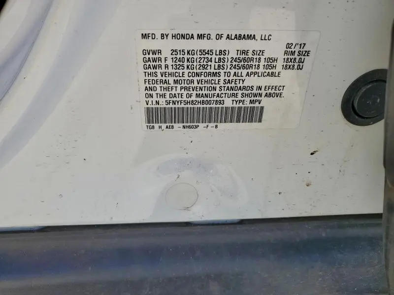 2017 HONDA PILOT EXL  