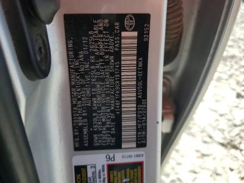 2012 TOYOTA CAMRY LE  