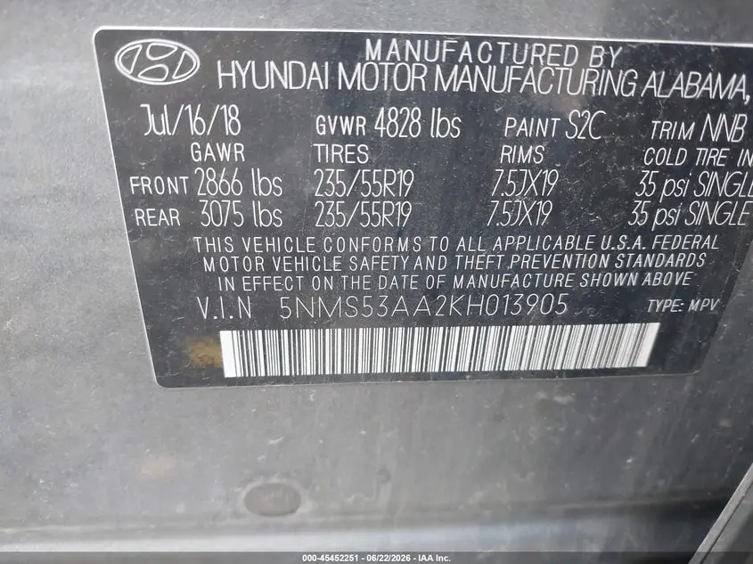 2019 HYUNDAI SANTA FE LIMITED 2.0T