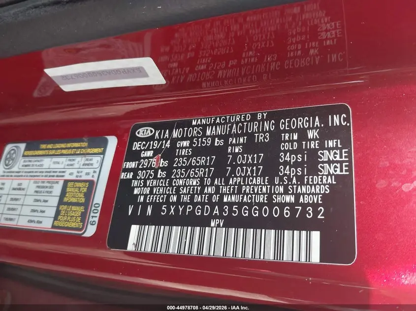 2016 KIA SORENTO 2.4L LX