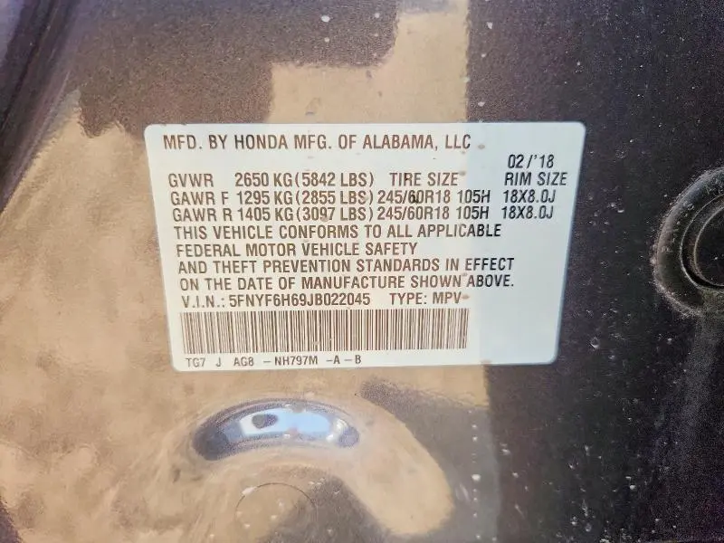 2018 HONDA PILOT EXL  