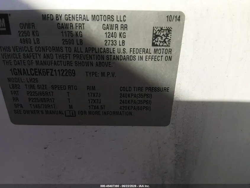 2015 CHEVROLET EQUINOX LT