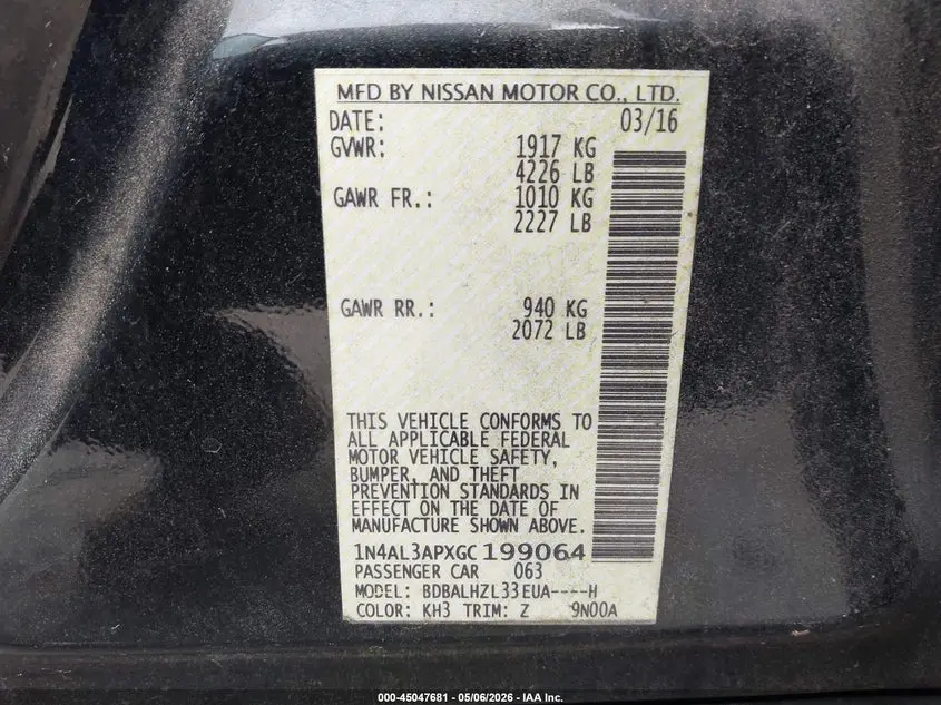 2016 NISSAN ALTIMA 2.5 SR