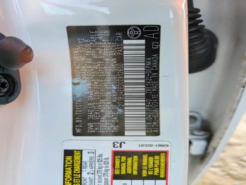 2012 TOYOTA COROLLA BASE  