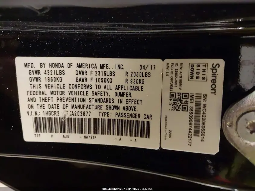 2017 HONDA ACCORD EX