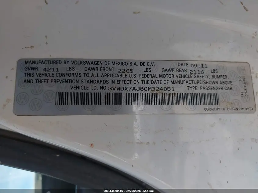 2012 VOLKSWAGEN JETTA 2.5L SE