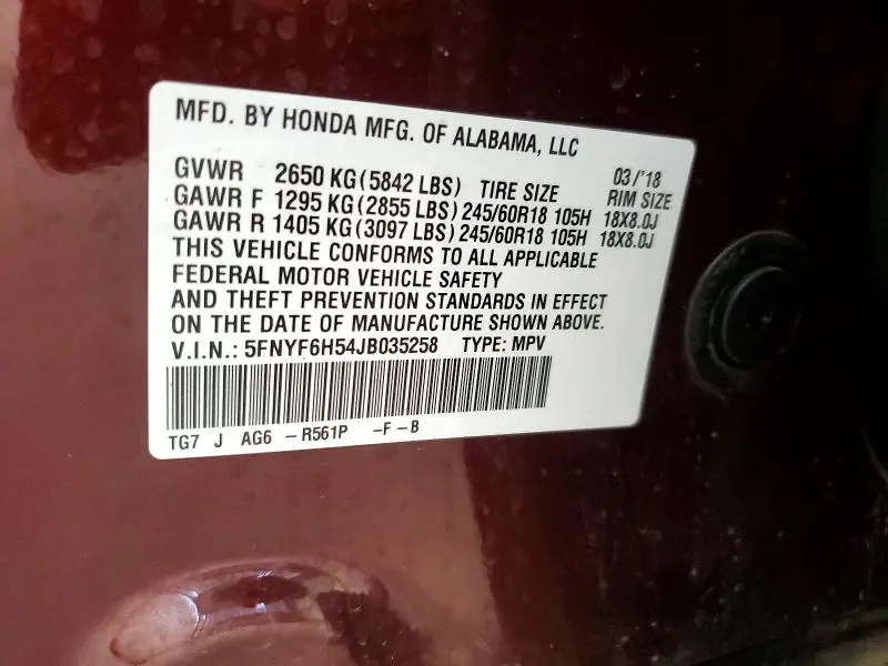 2018 HONDA PILOT EXL  
