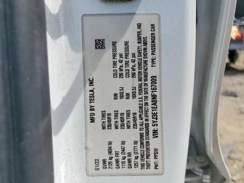 2022 TESLA MODEL 3   