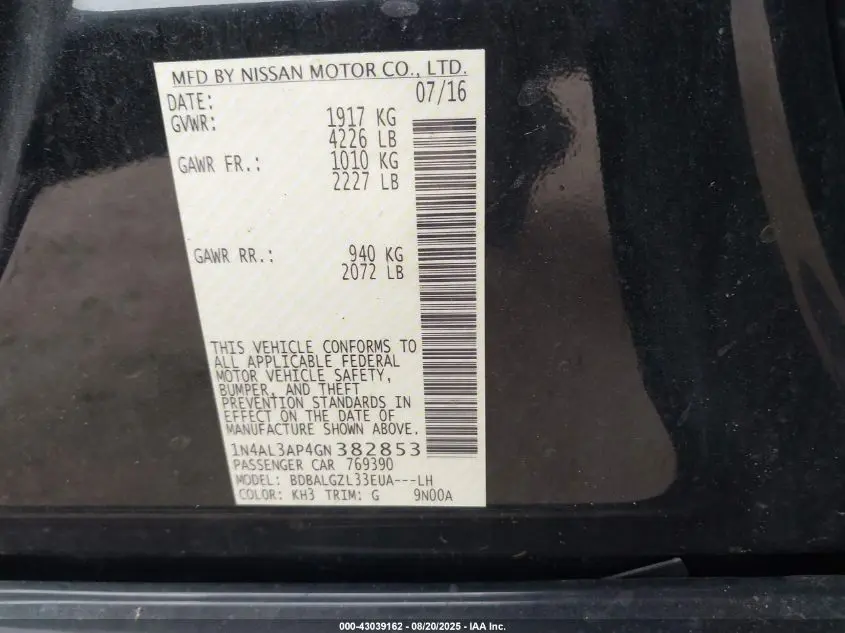 2016 NISSAN ALTIMA 2.5 S