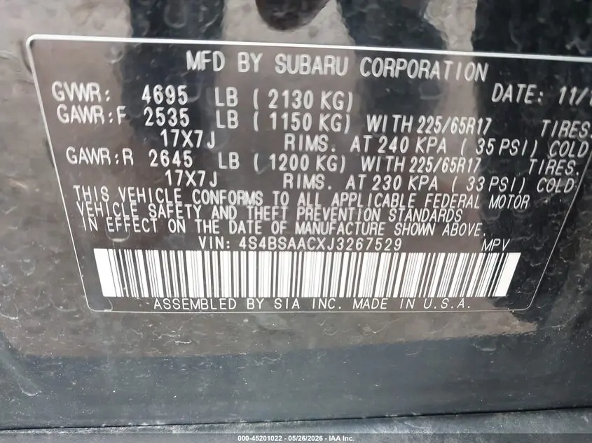 2018 SUBARU OUTBACK 2.5I