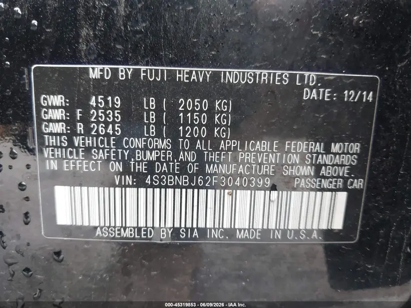 2015 SUBARU LEGACY 2.5I LIMITED